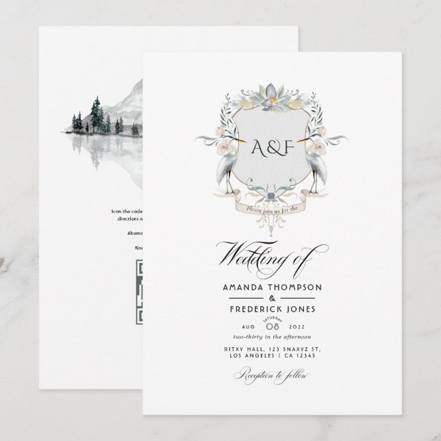 Convites Casamento de Lakeside Monograma Laurel Crest (Frente/Verso)