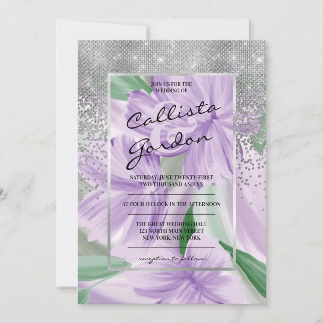 Convites Casamento de Lama Floral de Prata Verde Roxo Elega (Frente)