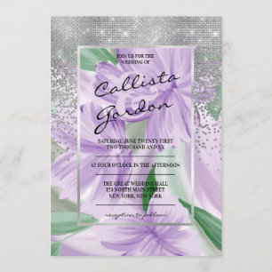 Convites Casamento de Lama Floral de Prata Verde Roxo Elega