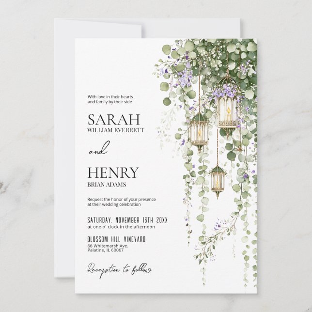 Convites Casamento de Lanterna Floral Roxo Verde Salvia (Frente)