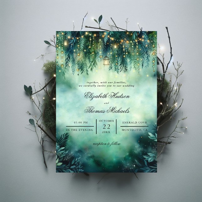 Convites Casamento de Lanternas de Floresta Encantadas Luze (enchanted forest fairy lights emerald green gold wedding invitation elegant formal modern classic)