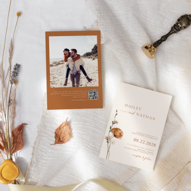 Convites Casamento de Laranja Queimado com Foto de Flor Sel (Criador carregado)