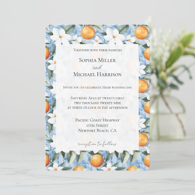 Convites Casamento de Laranjas Florais de Verão da Sicília  (Em pé/Frente)