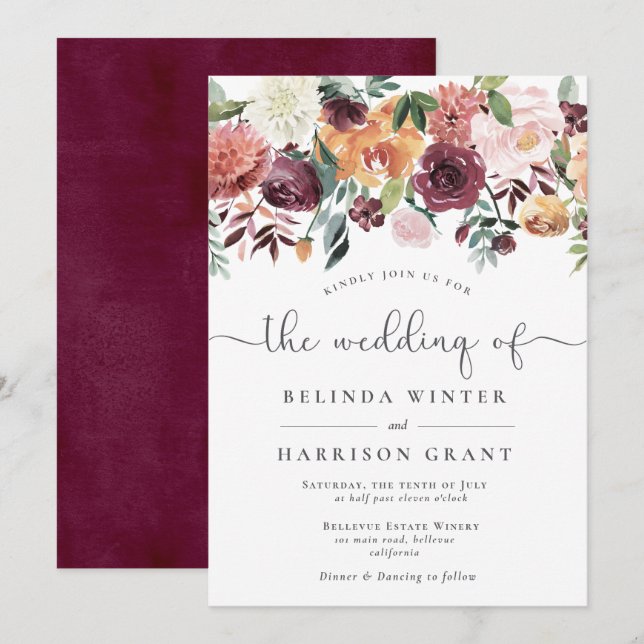 Convites Casamento de Largas Florais Rustic Charm Burgundy  (Frente/Verso)