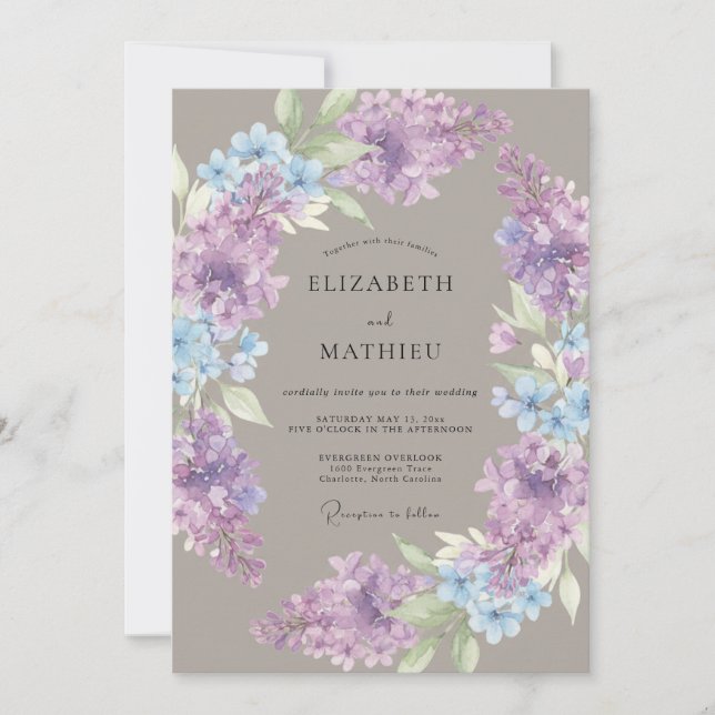 Convites Casamento de Láurea Floral Lilás Azul (Frente)