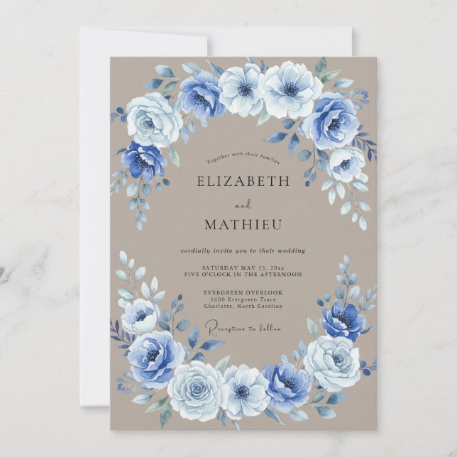 Convites Casamento de Laurél Floral Azul Empoeirado (Frente)