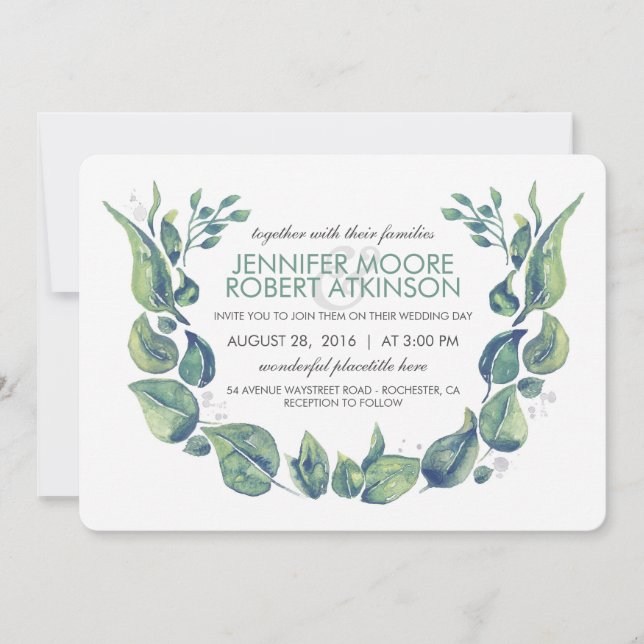 Convites Casamento de Laurel Greenery Wreath Watercolor (Frente)
