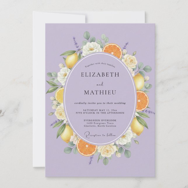 Convites Casamento de Lavanda Cítrico Frutas Eucalipto (Frente)