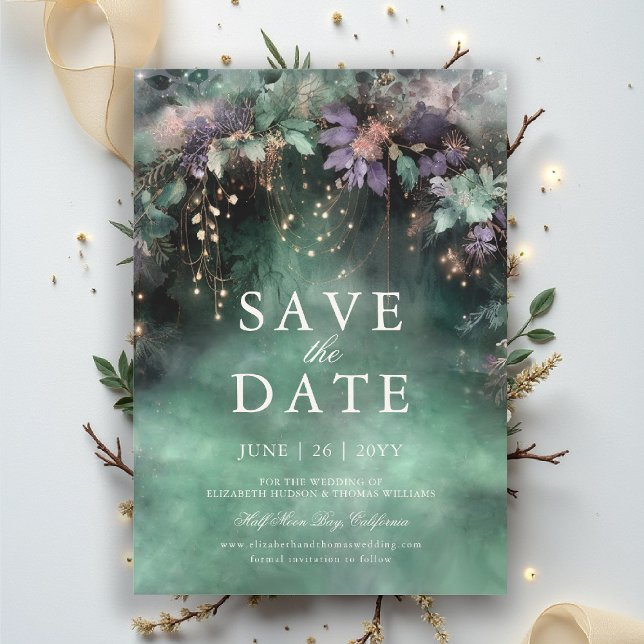 Convites Casamento de Lavanda de Floresta Encantada Salvar  (enchanted forest save the date wedding emerald green gold fairytale fairy garden woodland magic)