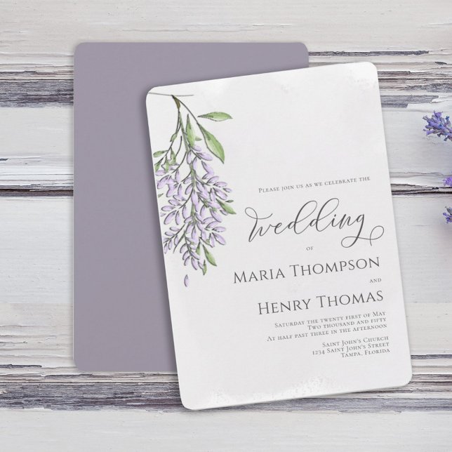 Convites Casamento de Lavanda de Script de Caligrafia Elega (Watercolor elegant Spring wisteria flower vine wedding invitation. )