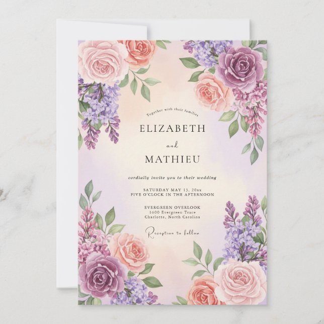 Convites Casamento de Lavanda Eucalipto Coral Roxo (Frente)