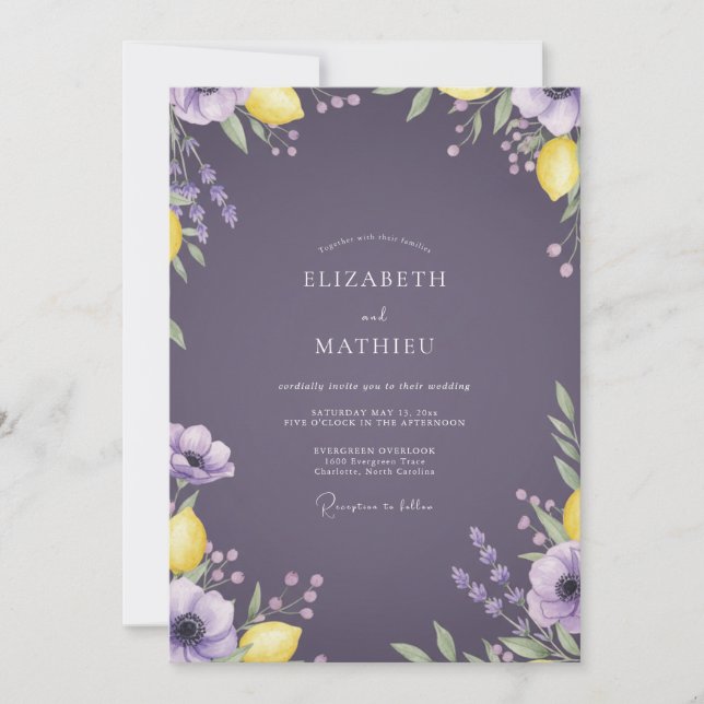 Convites Casamento de Lavanda Eucalipto Limão Ameixa (Frente)