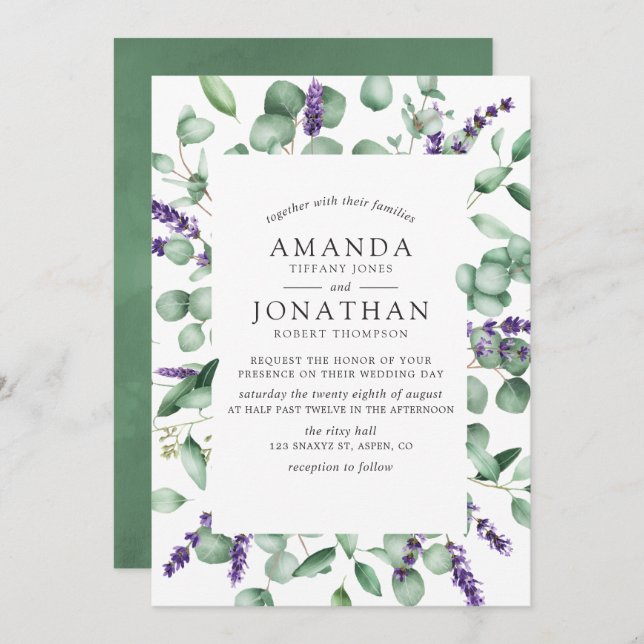 Convites Casamento de Lavanda Eucalyptus Greenery (Frente/Verso)