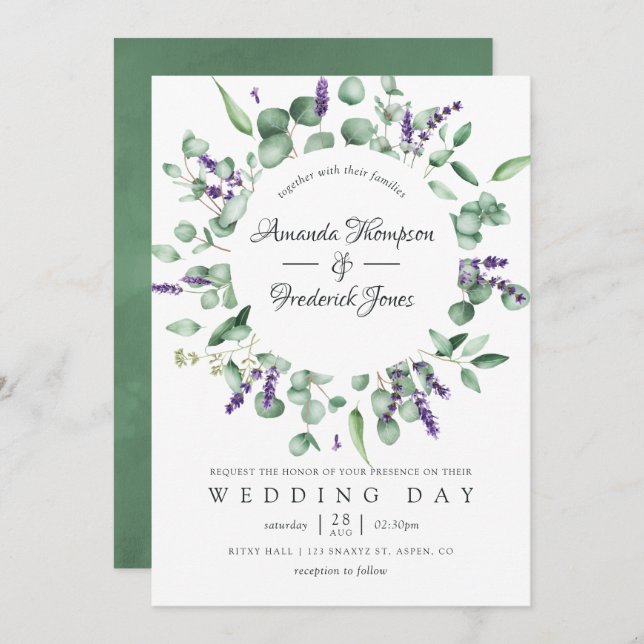 Convites Casamento de Lavanda Eucalyptus Greenery (Frente/Verso)
