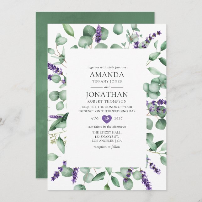 Convites Casamento de Lavanda Eucalyptus Greenery (Frente/Verso)
