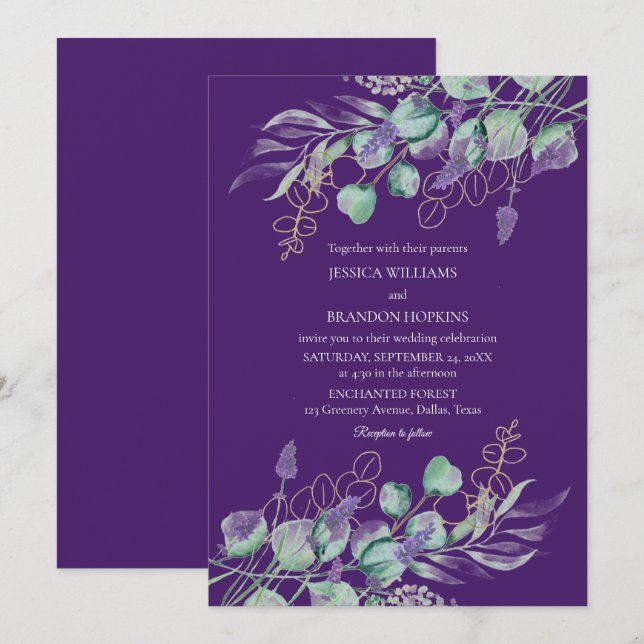Convites Casamento de Lavanda Eucalyptus Purple Botânico (Frente/Verso)