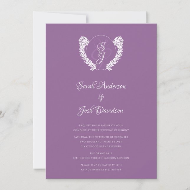 Convites Casamento de Lavanda Floral Classy Monogramas (Frente)