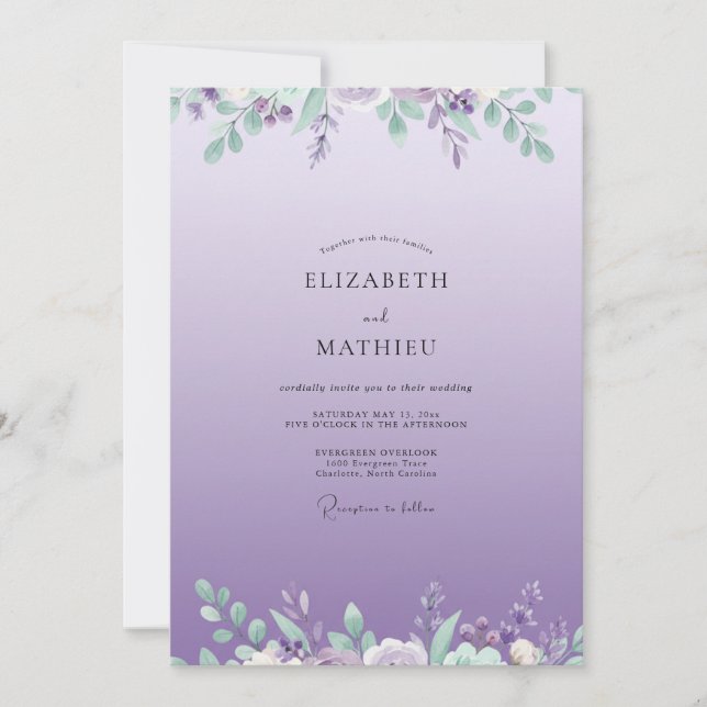 Convites Casamento de Lavanda Lilás Folhagem Eucalipto (Frente)
