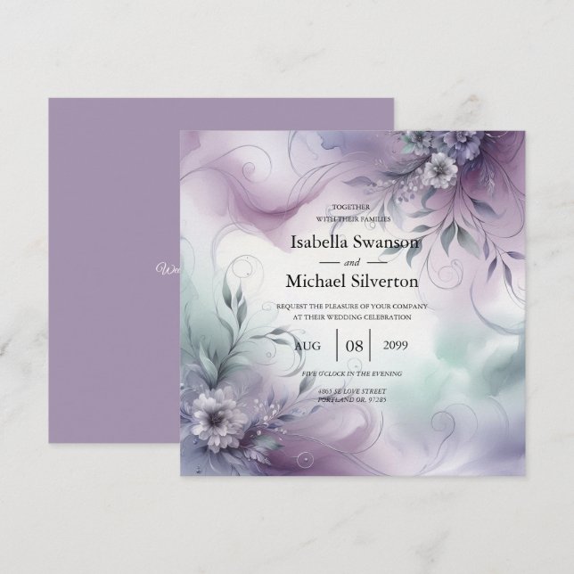Convites Casamento de lavanda Mist e Whispers Watercolor (Frente/Verso)