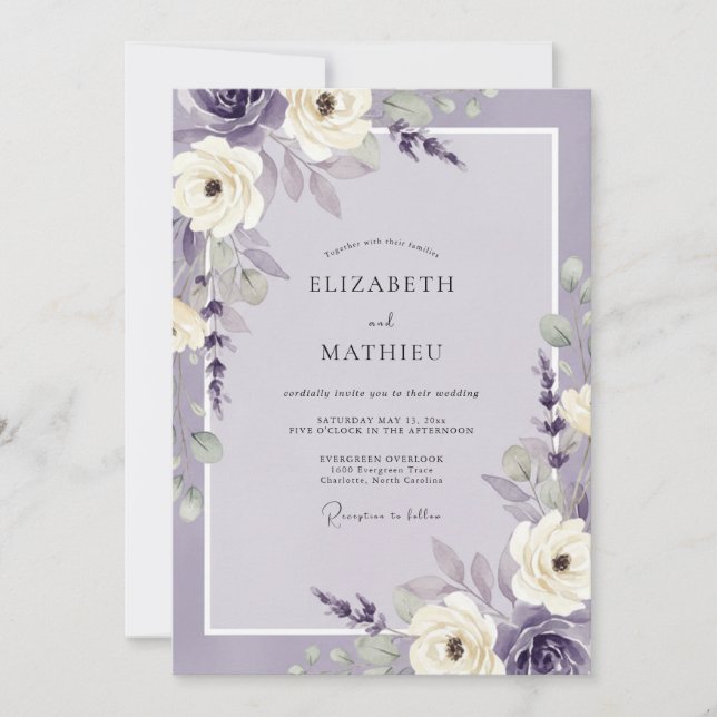 Convites Casamento de Lavanda Violeta Folhagem Eucalipto (Frente)
