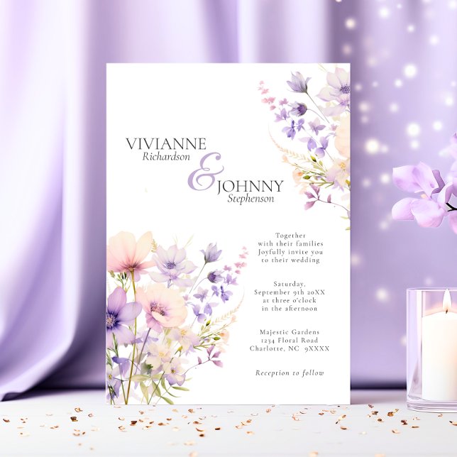 Convites Casamento de Lavandas de Jardim Florestais Majesto (Majestic Garden Wildflowers Lavender Wedding Invitation)