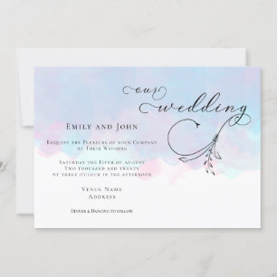 Convites Casamento de Leaf Script Pink Blue Lilac Watercolo