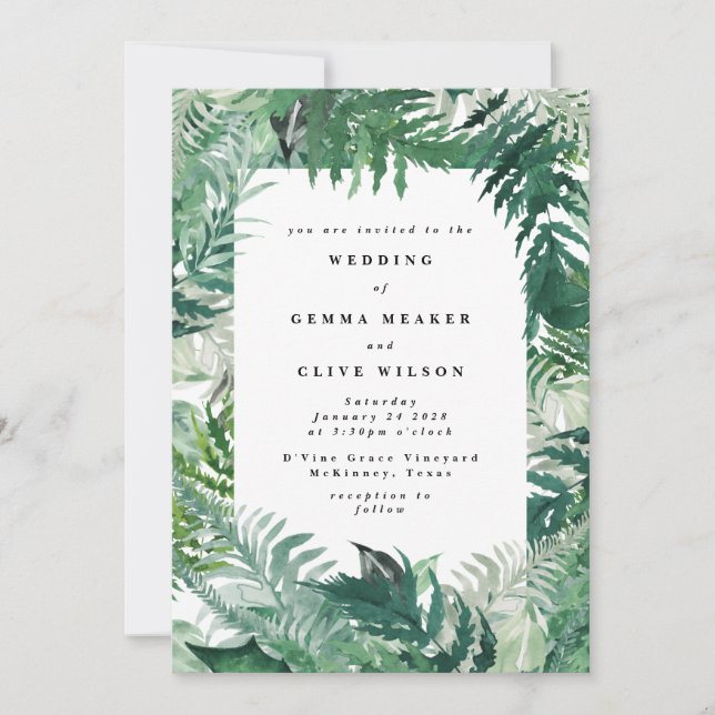 Convites Casamento de Leafy Greenery Watercolor (Frente)