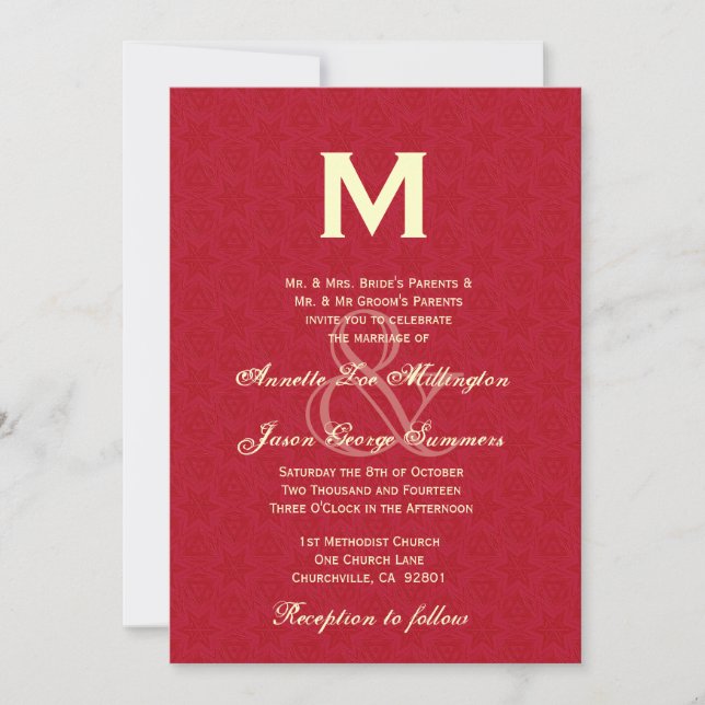 Convites Casamento de Leather Red e Cream Monogramas R431 (Frente)