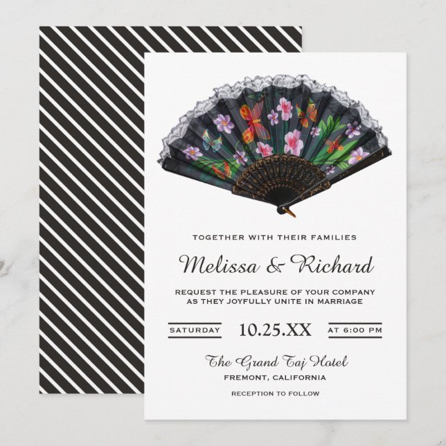 Convites Casamento de Leque Floral Japonês Oriental Elegant (Frente/Verso)