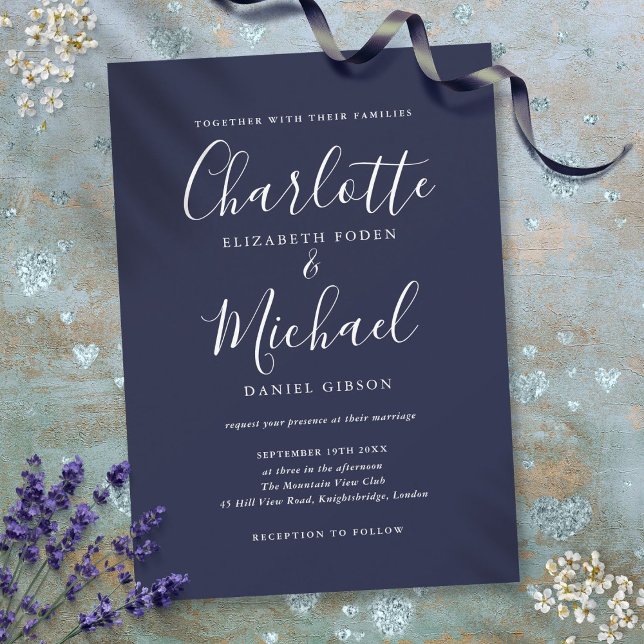 Convites Casamento de Letra de Assinatura Azul Marinho Eleg (Navy Blue Elegant Signature Script Wedding Invitation)