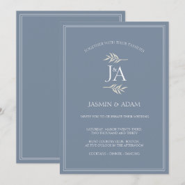 Convites Casamento de Letras Iniciais Clássicas Azul Poeira