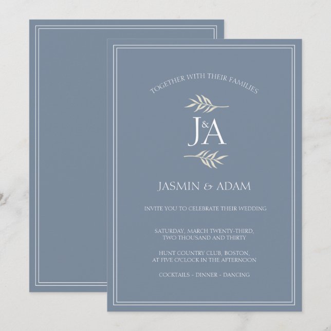 Convites Casamento de Letras Iniciais Clássicas Azul Poeira (Frente/Verso)