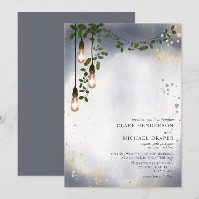 Convites Casamento de Lightbulb Greenery Garland Watercolor (Frente/Verso)