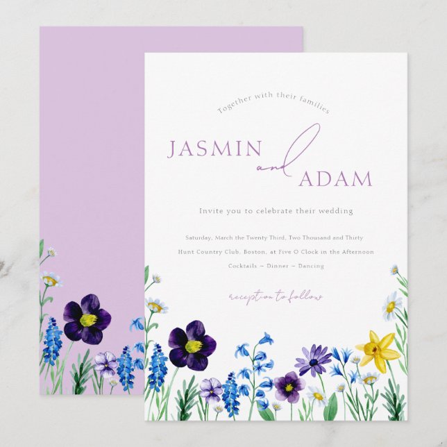 Convites Casamento de Lilac & Blue Wildflower (Frente/Verso)