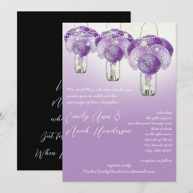 Convites Casamento de Lilac Purple Mason Jar Firefly (Frente/Verso)