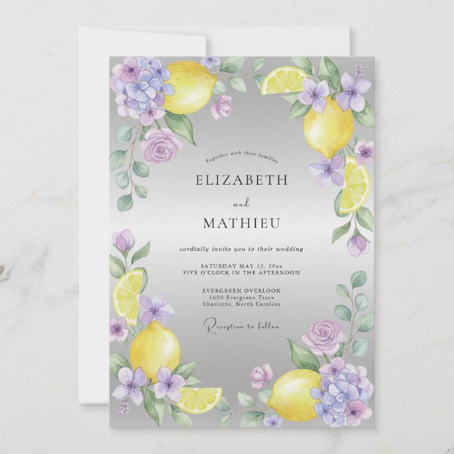 Convites Casamento de Lilás Amarelo Cítrico Eucalipto (Frente)