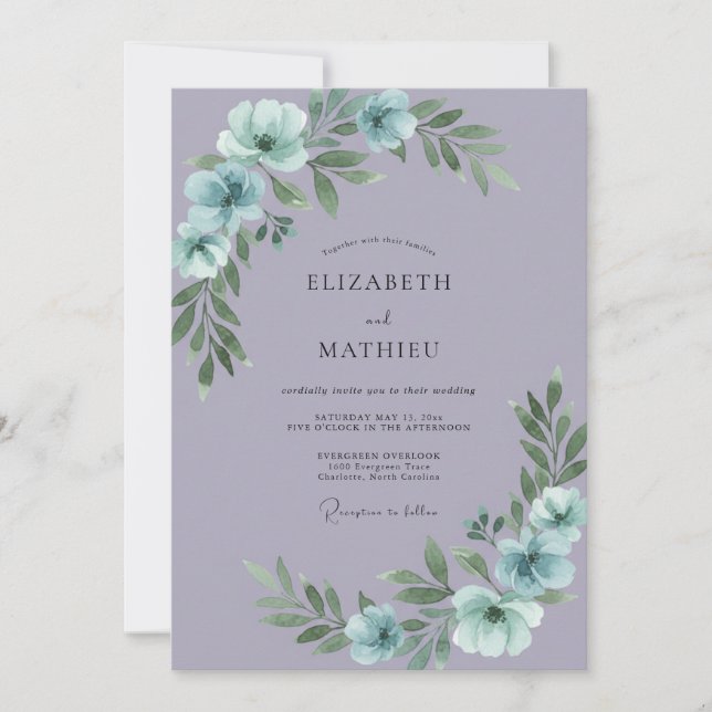 Convites Casamento de Lilás Aqua Anêmona (Frente)
