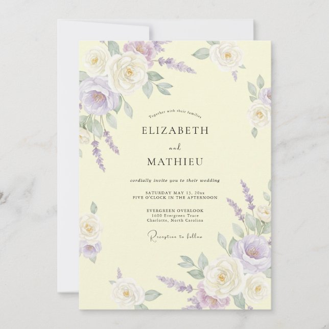 Convites Casamento de Lilás com Creme e Folhas de Eucalipto (Frente)