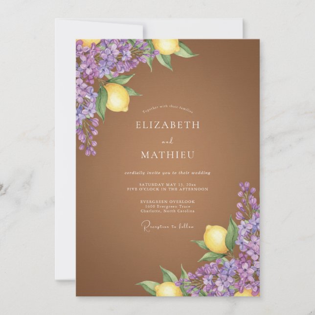 Convites Casamento de Lilás Marrom Flor de Limão (Frente)