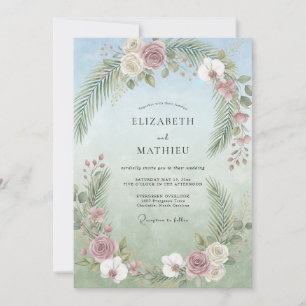 Convites Casamento de Lilás, Palmeira Tropical e Eucalipto
