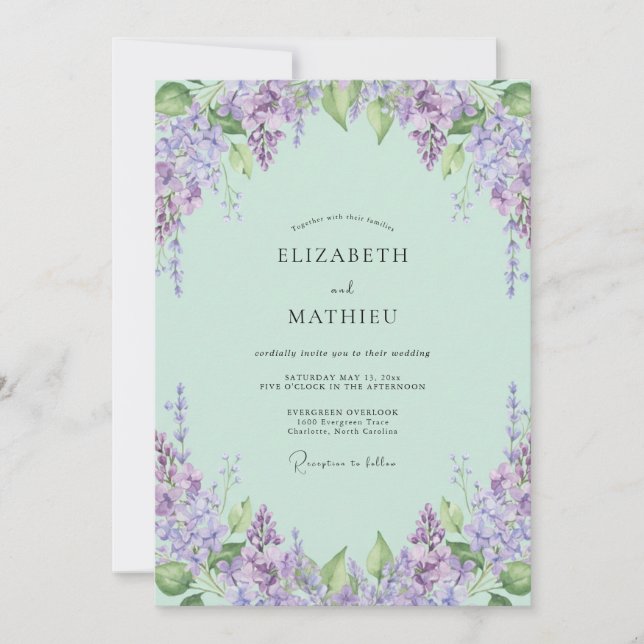 Convites Casamento de Lilás Wisteria Macio Menta (Frente)