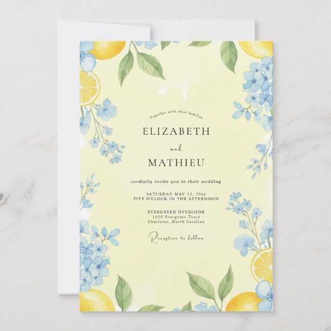 Convites Casamento de Limão Azul Cítrico Eucalipto (Frente)