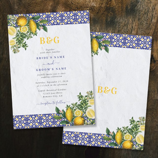 Convites Casamento de limão-Azulejo Amarelo-Branco-Azul do  (Blue White Yellow Mediterranean Tile Lemon Wedding Invitation)
