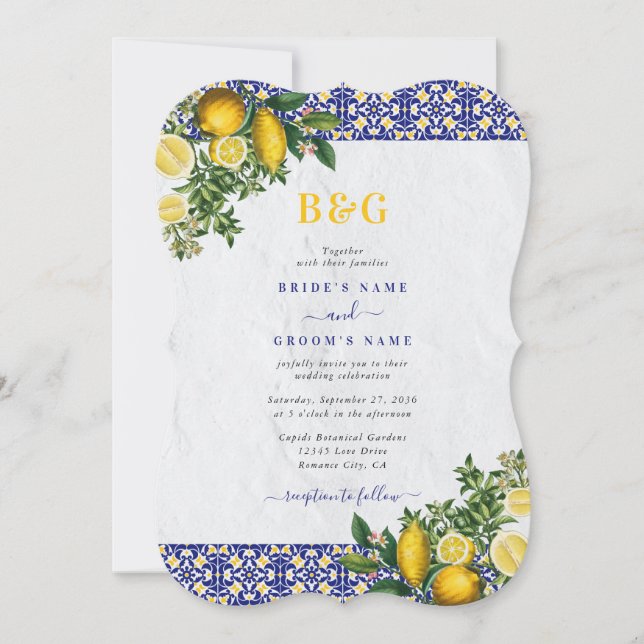 Convites Casamento de limão-Azulejo Amarelo-Branco-Azul do  (Frente)