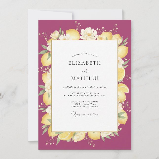 Convites Casamento de Limão Cítrico Eucalipto Magenta (Frente)