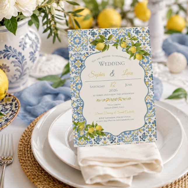 Convites Casamento de Limão com Azulejo Azul Italiano Elega (Criador carregado)