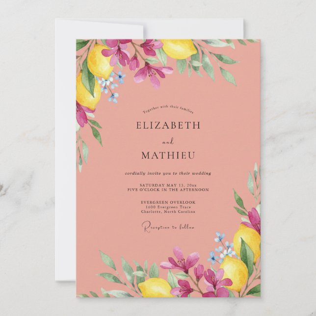 Convites Casamento de Limão Magenta Cítrico Suave Eucalipto (Frente)