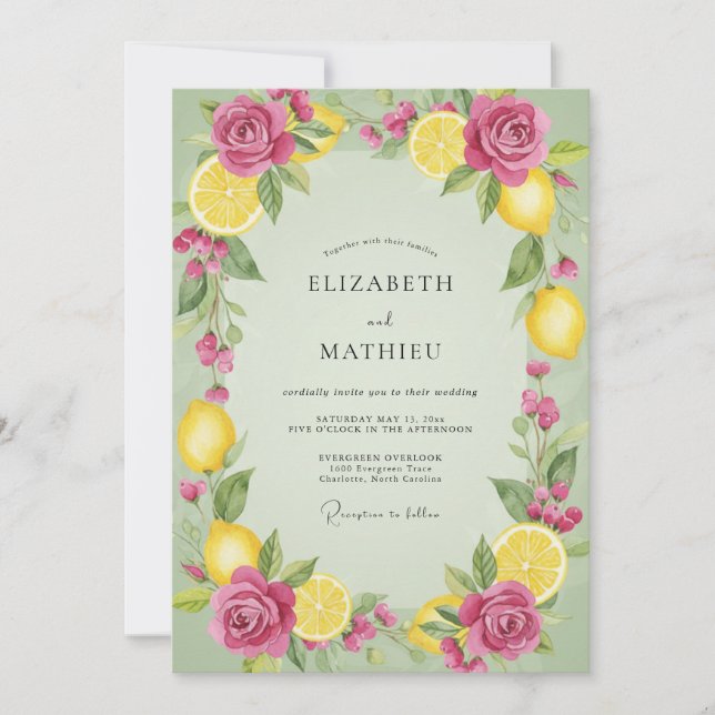 Convites Casamento de Limão Rosa Cítrico Eucalipto (Frente)