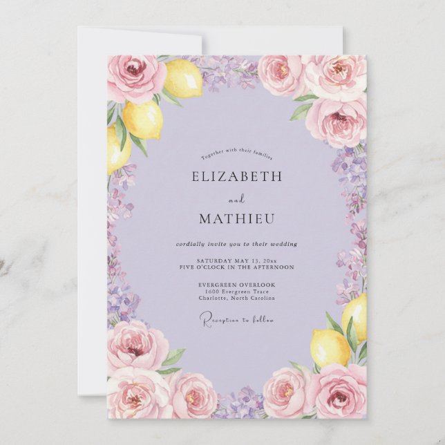 Convites Casamento de Limão Roxo Pálido Cítrico Eucalipto (Frente)