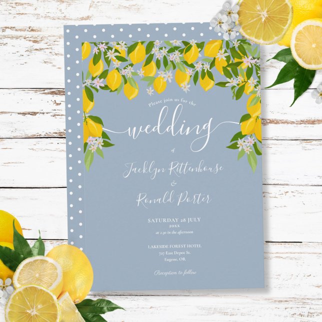 Convites Casamento de Limões com Verde Desbotado Azul (Dusty Blue Greenery Lemons Blossom Wedding Invitation)